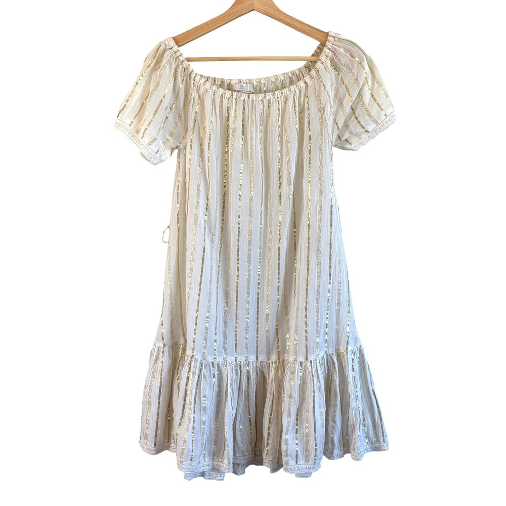 Miguelina Dress White Gold Metallic Stripe Womens Small Mini Off Shoulder Boho